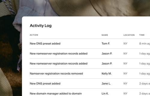 Domain management activity log showing recent actions such as new DNS presets, nameserver records added or removed, and domain manager updates with user names, locations, and timestamps.