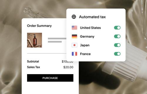 Ecommerce checkout screen with automated tax settings enabled for multiple countries including the United States, Germany, Japan, and France.