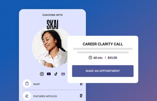 Mobile bio site for a coach named Skai featuring a profile photo, social media links, and a booking option for a 60-minute career clarity call priced at $45 with a button to make an appointment.