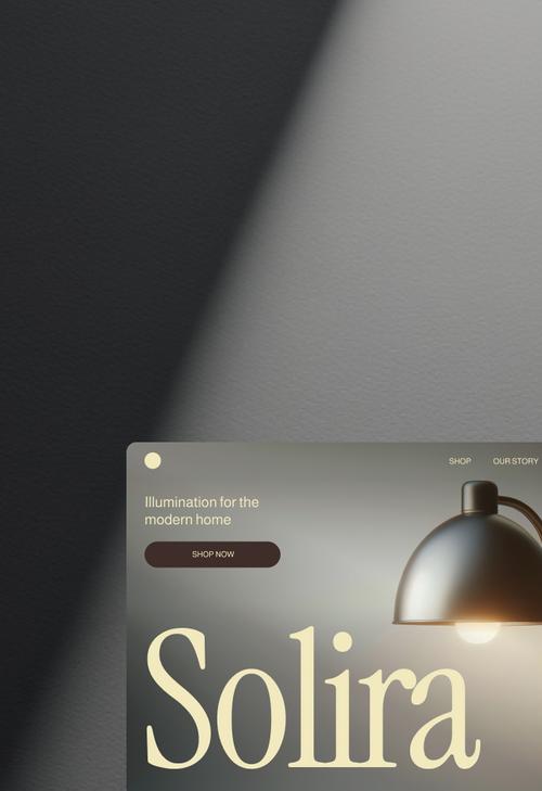 A modern lighting website homepage featuring a large illuminated desk lamp with a dome shade against a dark background. The brand name ’Solira’ appears in elegant typography at the bottom. The header includes navigation links for SHOP, OUR STORY, and ABOUT, with the tagline ’Illumination for the modern home’ and a ’SHOP NOW’ button. The design emphasizes dramatic lighting and shadows, creating a sophisticated atmosphere.
