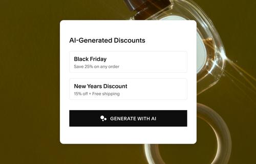 Mobile interface showing AI-generated discount suggestions, including Black Friday (25% off) and New Year’s Discount (15% off + free shipping).