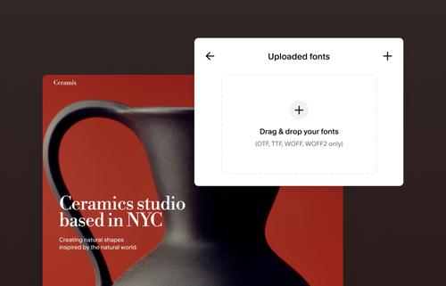 Screens demonstrating font upload tools that let users add and apply custom typography to their website design.