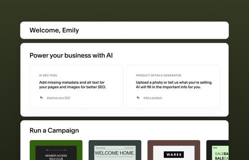 Dashboard view with a welcome message and AI tools for SEO, product detail generation, and campaign setup.