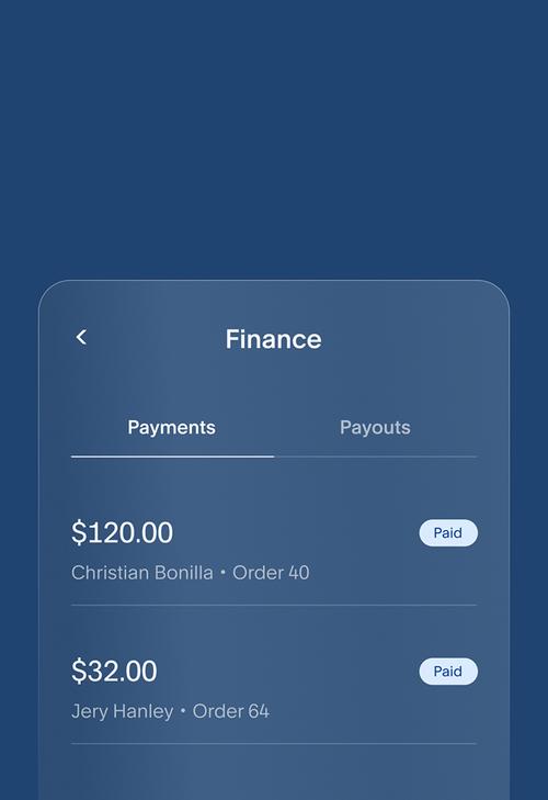 Finance screen UI with tabs for Payments and Payouts.