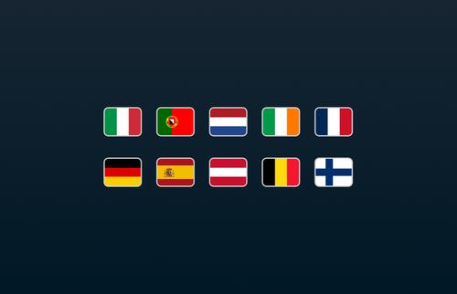 A grid of European country flags including Italy, Portugal, Netherlands, Ireland, France, Germany, Spain, Austria, Belgium, and Finland, displayed on a dark background.